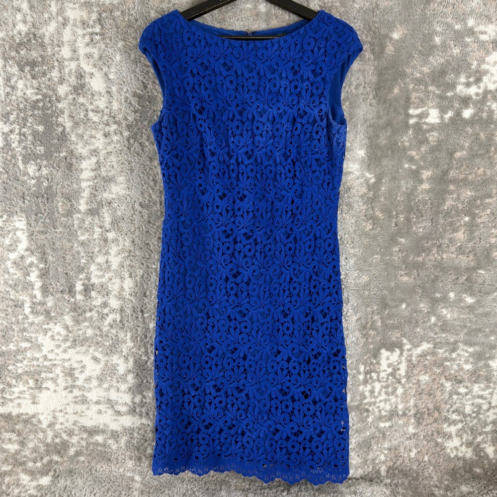 Lauren Ralph Lauren Size 8 Lace Sheath Cocktail Dress Blue Cap Sleeve Women
